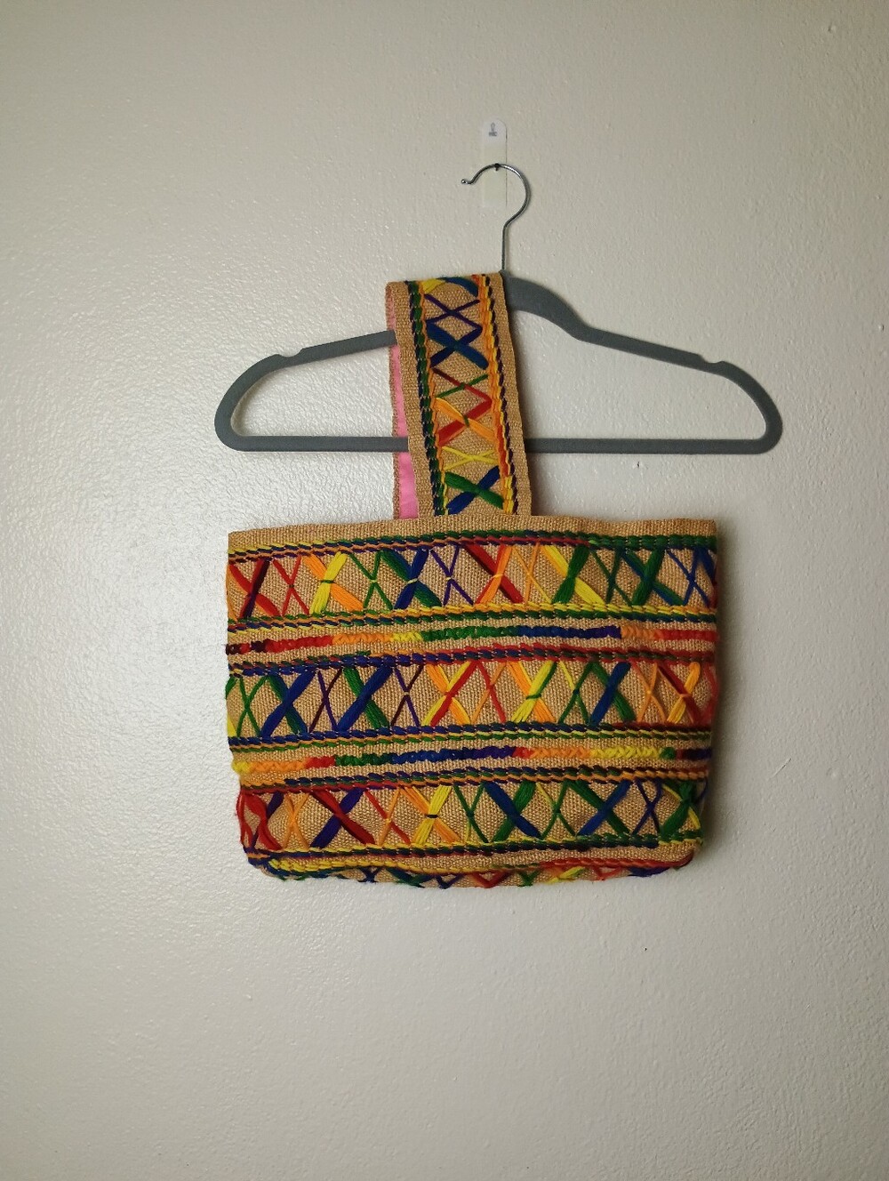 Vintage 70's Handwoven Burlap & Yarn Embroidered Multicolor Tote Bag Boho Hippie